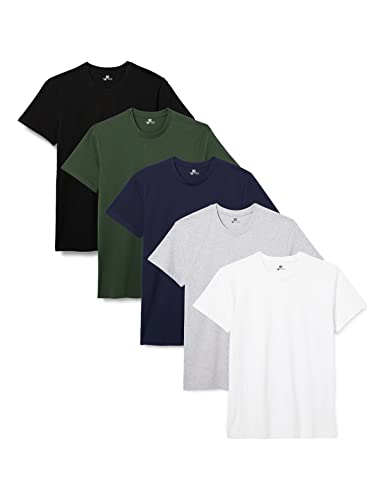 Lower East LE105 Camiseta para Hombre, Blanco/Negro/Gris/Azul Oscuro/Verde (Paquete de 5), M