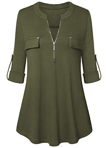 Amrto Blusa de manga 3/4 para mujer con cuello en V, con cremallera, camiseta de manga larga verde...