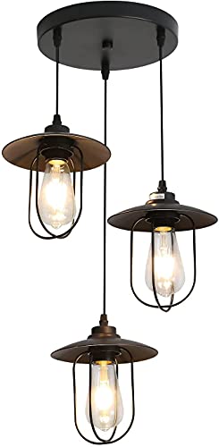 Lámpara de Techo Industrial Vintage, Estilo Edison 3 Luces Lámpara Colgante con 3 jaulas de metal,...