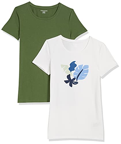 Amazon Essentials Camiseta de Cuello Caja de Manga Corta y Ajuste Clásico Mujer, Pack de 2, Verde...