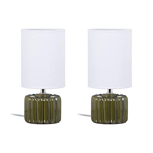 LOLAhome Set de 2 lámparas de mesita de noche de cerámica verde con pantalla de lino de Ø 13x27...