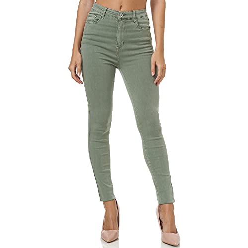 Glamexx24 Pantalones vaqueros ajustados para mujer, cintura alta, elásticos., Verde militar, 36 cm