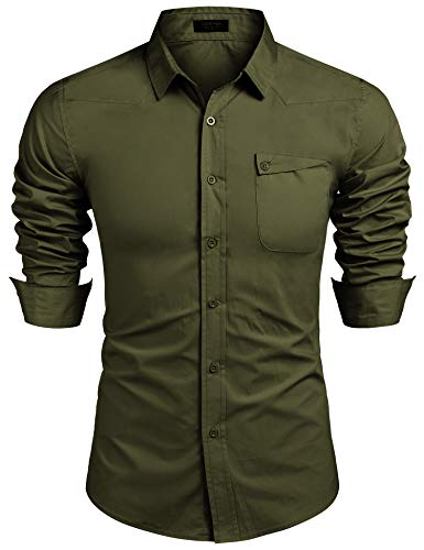 COOFANDY Camisa de hombre de manga larga de algodón regular para el tiempo libre con botones, Verde...