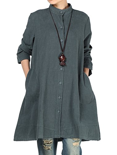 Vogstyle Mujer de Algodón de Otoño de Lino Full Front Button Shirt Dress con Bolsillos CY012 Verde...