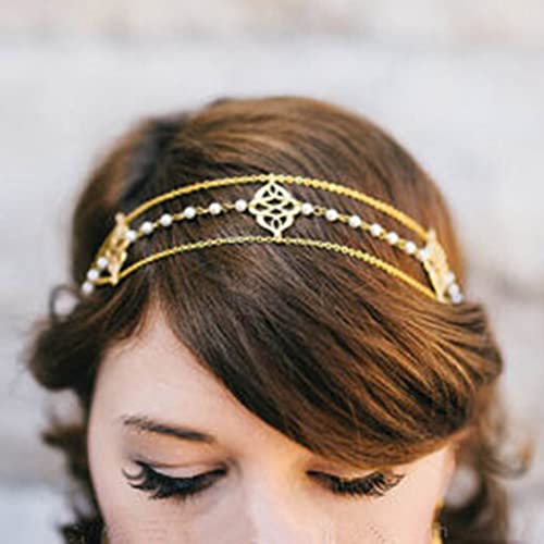 Zoestar Cadena de cabeza con perlas doradas bohemias para el cabello, joyería para el festival,...