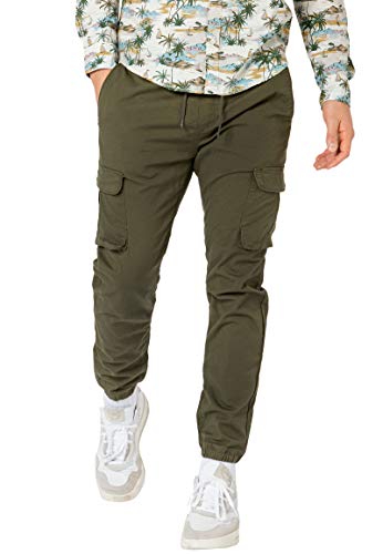 Urban Surface Pantalones cargo de algodón para hombre con bolsillos laterales verde oscuro 34W
