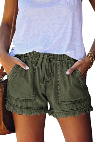 HVEPUO Pantalones cortos de algodón y lino para mujer, cinta de goma, para verano, anchos, De color...