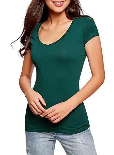 oodji Collection Mujer Camiseta Básica con Escote en V sin Etiqueta, Verde, ES 36 / XS