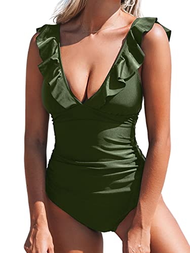 CUPSHE Bañador para Mujer Volante Cuello en V Fruncido Traje de Baño de Una Pieza,Verde,XL