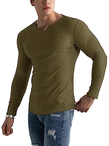 Muscle Cmdr-Camiseta de Manga Larga Hombre Stretch Slim Fit tee V Cuello Camiseta Interior para...