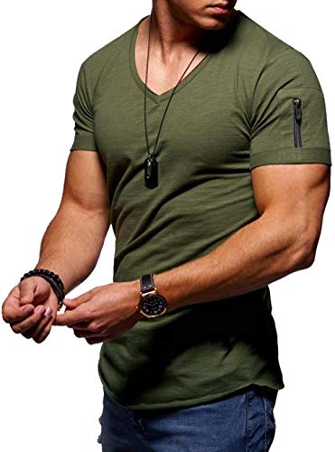 Camisetas Manga Corta Hombre Verano Cuello en V Color Liso Casual Deporte Running Camisa Army Green...