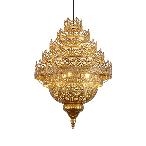Lámpara turca Lámpara de araña Vintage Lámpara marroquí Grabado Luz Colgante, Corona Oro Hierro...