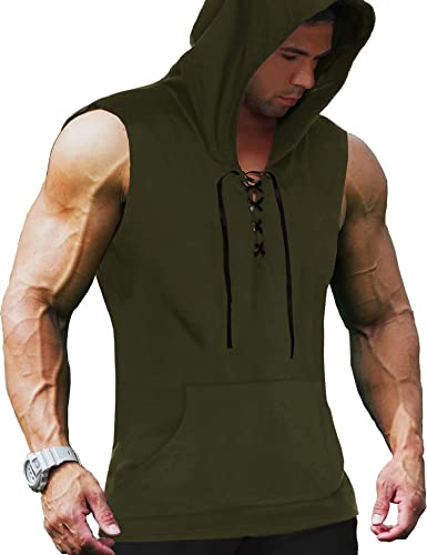COOFANDY Camiseta sin mangas con capucha para hombre, para entrenamiento muscular., Verde militar.,...