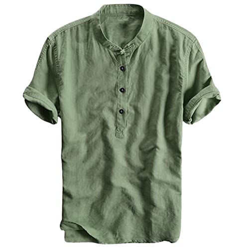 Henley - Camiseta básica para hombre, diseño de manga corta, color blanco, Verde militar., XL