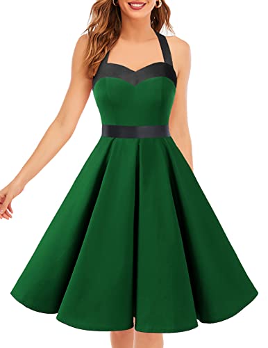 Dresstells® Halter 50s Rockabilly Polka Dots Audrey Dress Retro Cocktail Dress Green Black XS