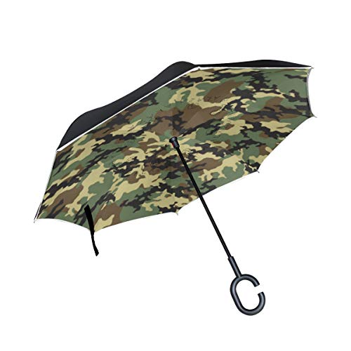 BIGJOKE Paraguas invertido de doble capa, diseño de camuflaje militar, resistente al viento,...