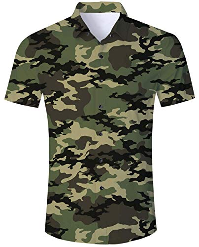 Blusa para Hombre Camisa Verde Militar con Estampado 3D Camisas con Botones Casuales de Manga Corta...