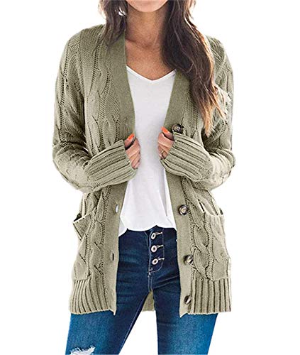 Cyiozlir Cardigan para mujer, chaqueta de punto con bolsillo, Verde militar., XL