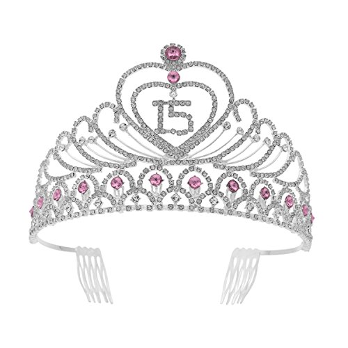 Frcolor Corona Cumpleaños 15 Años Diadema Cumpleaños Mujer Tiara Cristal con Peines (Plata Rosa)