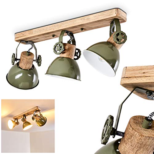 Lámpara de techo Orny, 3 llamas de metal/madera en verde/blanco/marrón, con focos regulables, toma...